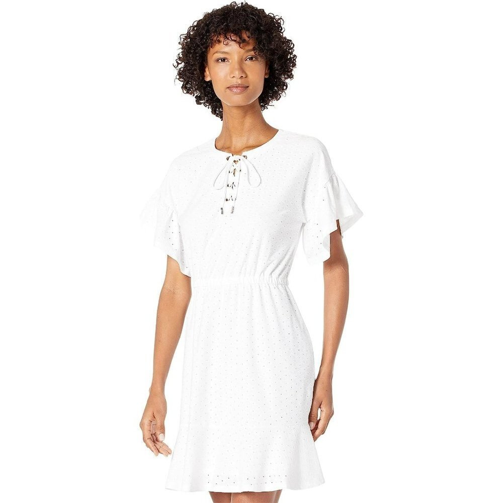 Michael Kors$140 Lace-Up Lace Ruffle Mini white Dress SM NEW WITH TAG
